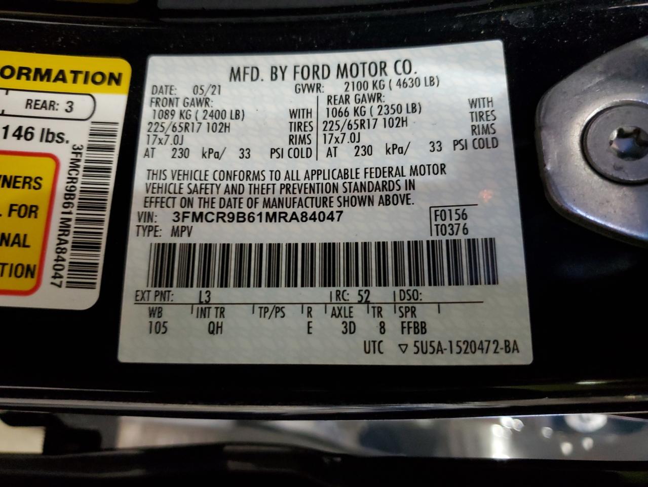 2021 Ford Bronco Sport Big Bend VIN: 3FMCR9B61MRA84047 Lot: 87406195