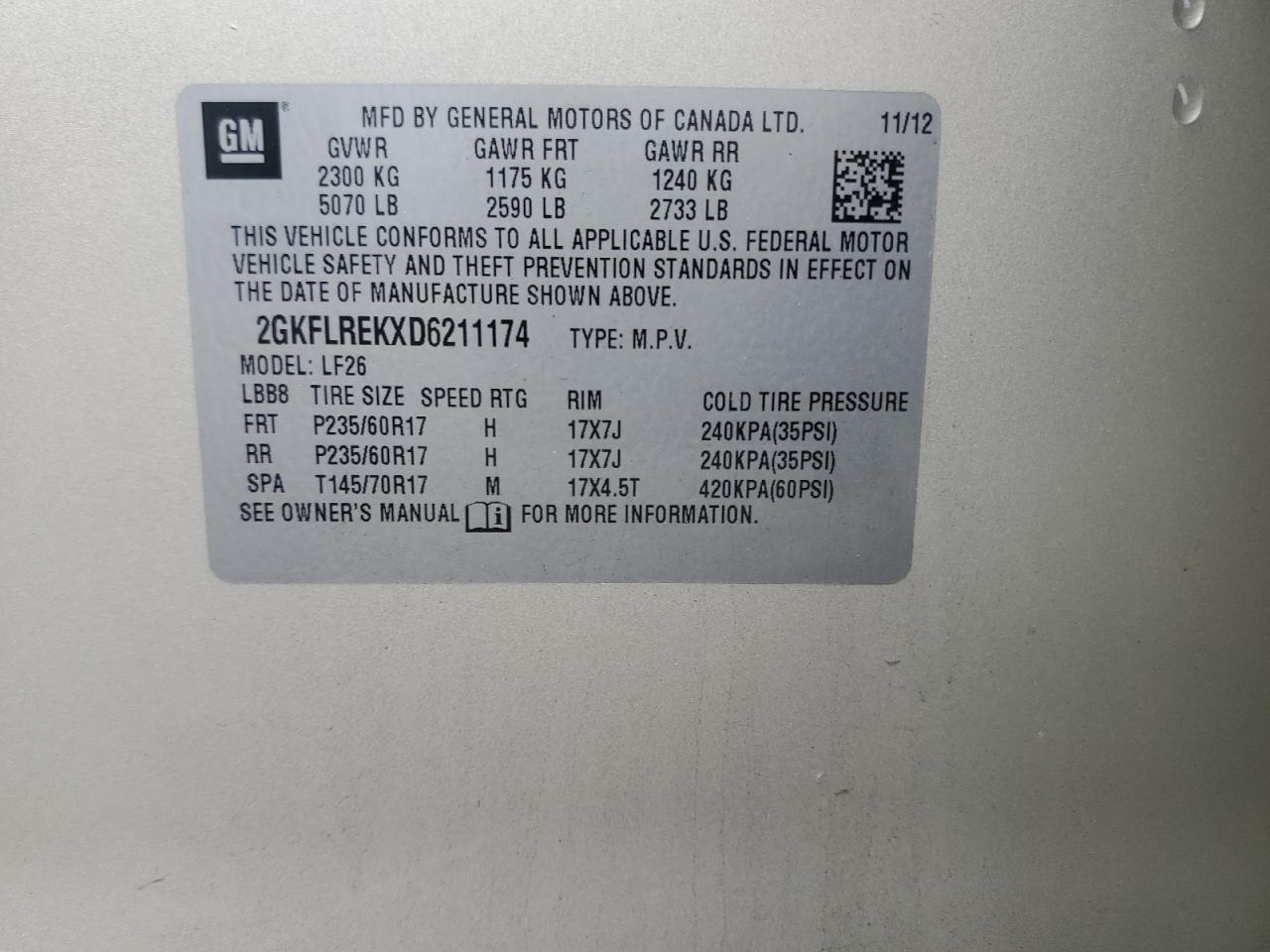 2013 GMC Terrain Sle VIN: 2GKFLREKXD6211174 Lot: 85922995