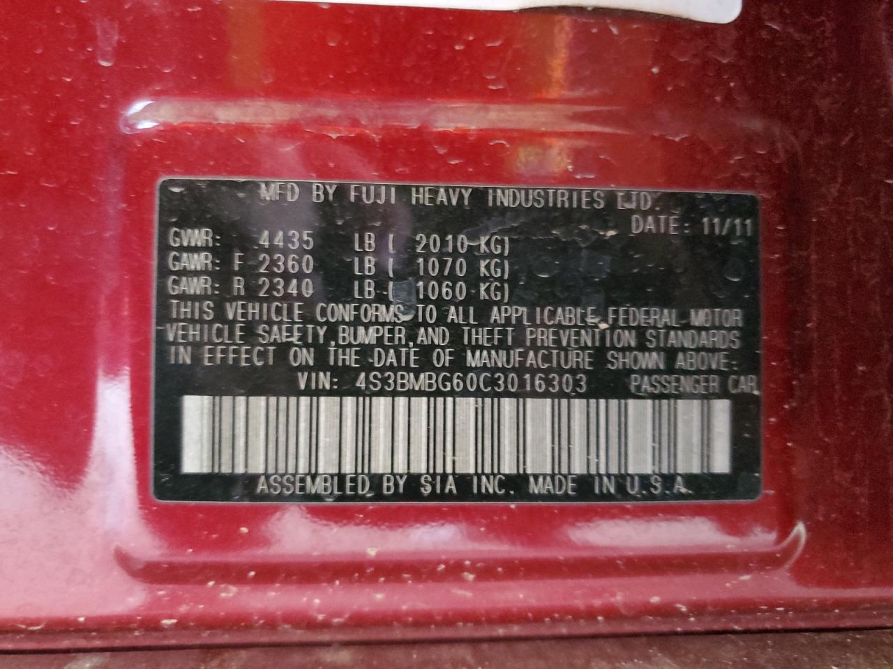 2012 Subaru Legacy 2.5I Premium VIN: 4S3BMBG60C3016303 Lot: 82297435