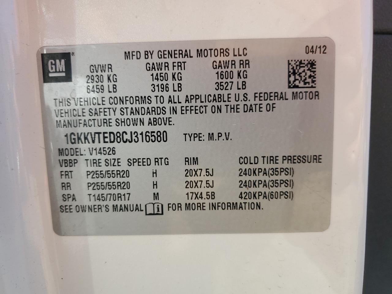 2012 GMC Acadia Denali VIN: 1GKKVTED8CJ316580 Lot: 85189075