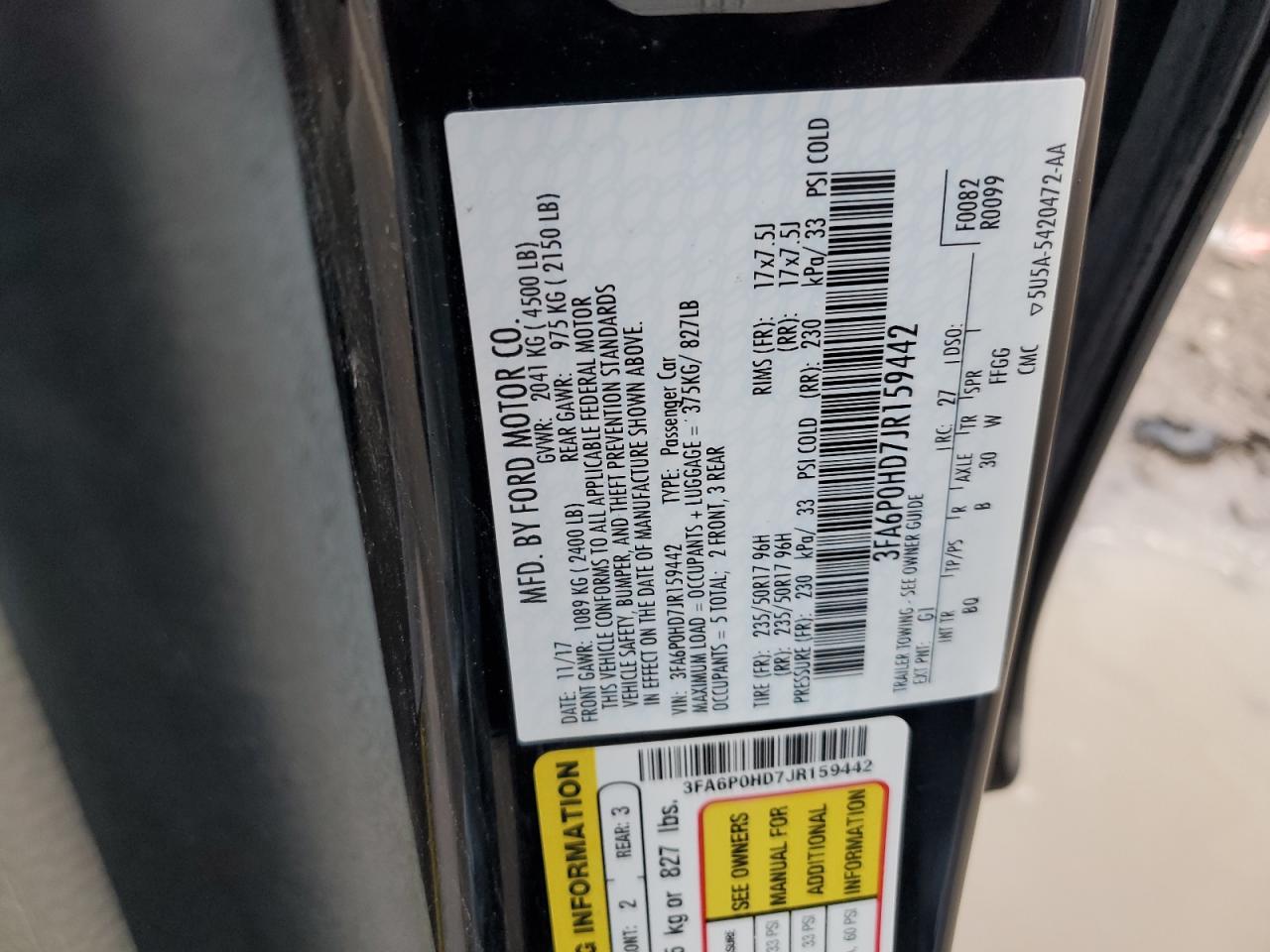 2018 Ford Fusion Se VIN: 3FA6P0HD7JR159442 Lot: 71542715