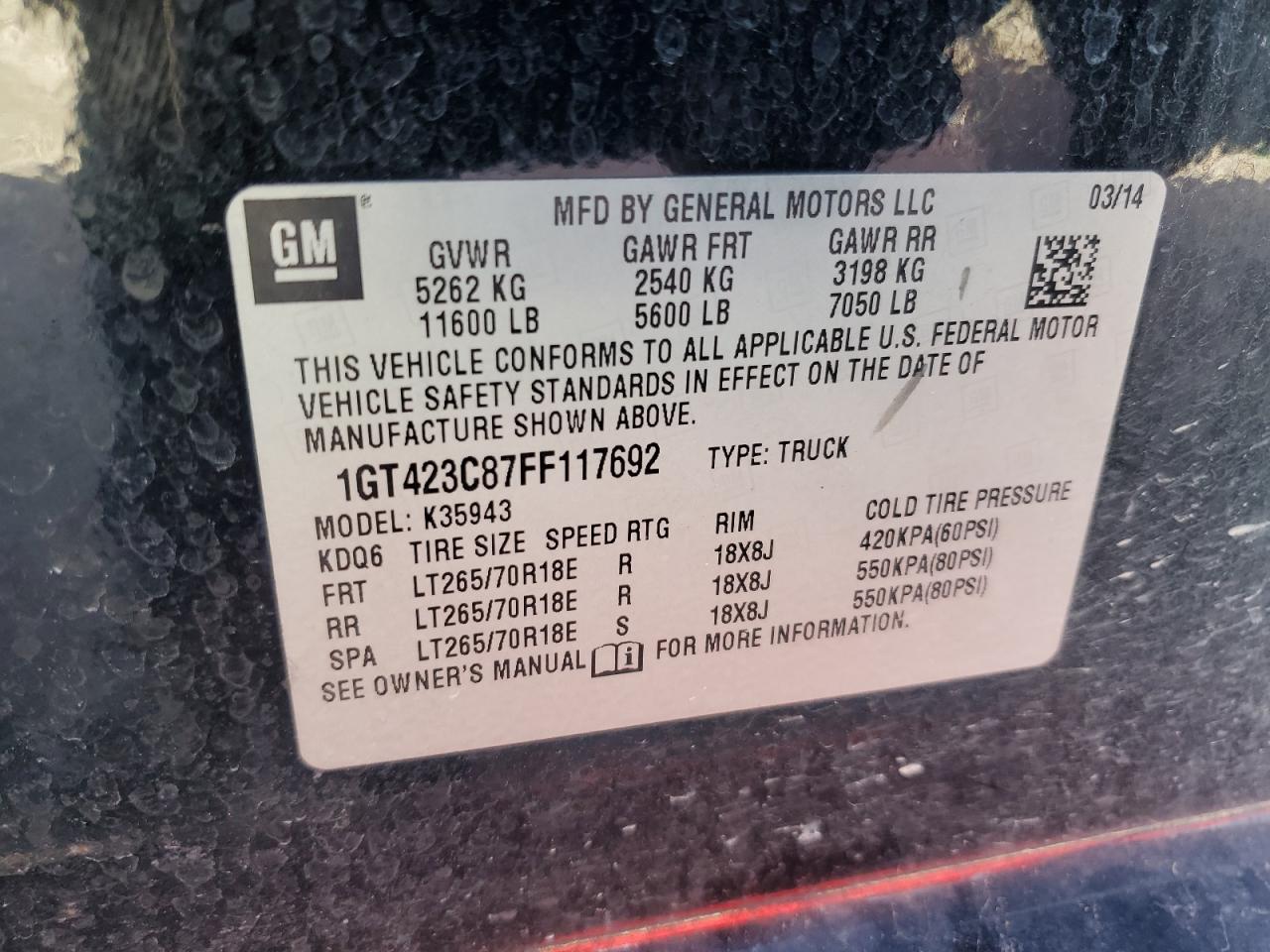 2015 GMC Sierra K3500 Slt VIN: 1GT423C87FF117692 Lot: 90128005