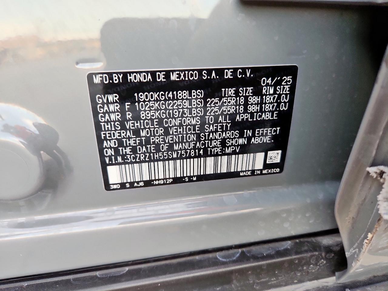 2025 Honda Hr-V Sport VIN: 3CZRZ1H55SM757814 Lot: 85523565