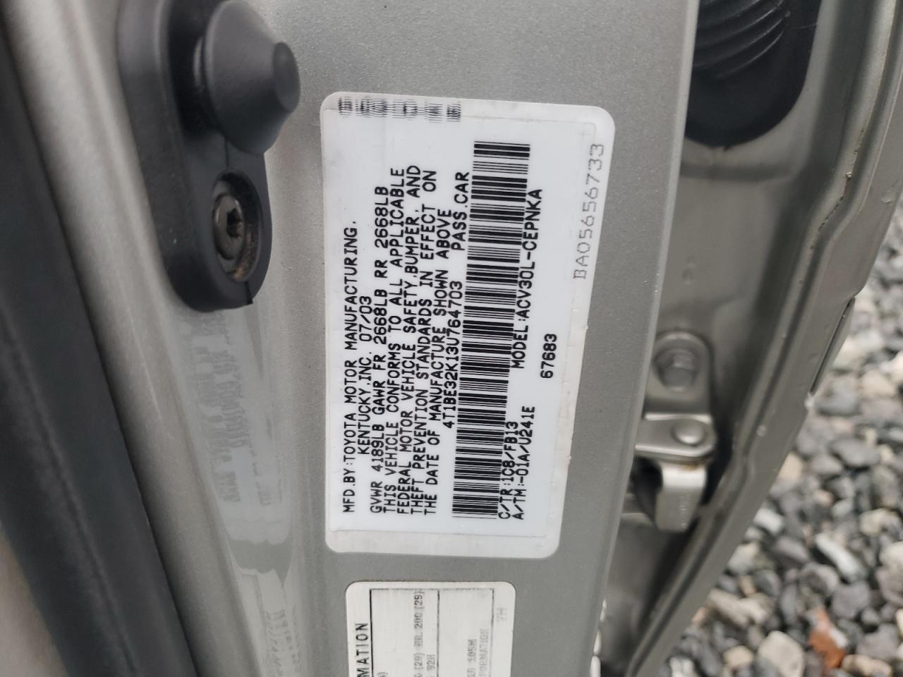 2003 Toyota Camry Le VIN: 4T1BE32K13U764703 Lot: 86055455