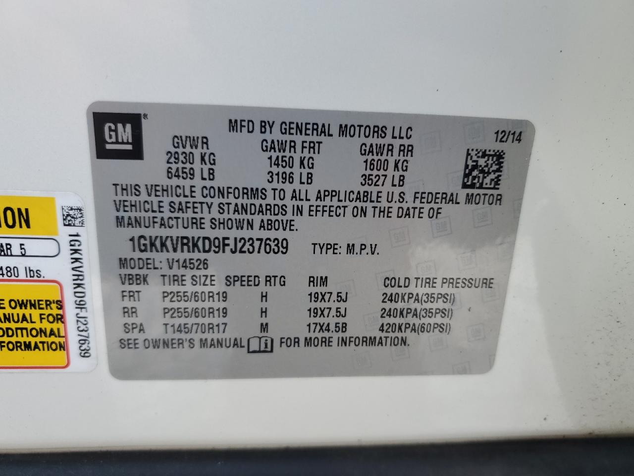 2015 GMC Acadia Slt-1 VIN: 1GKKVRKD9FJ237639 Lot: 90227665