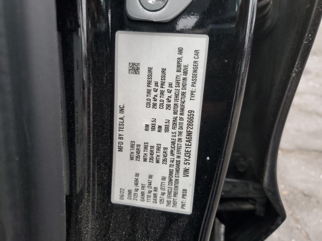 2022 Tesla Model 3 VIN: 5YJ3E1EA6NF286659 Lot: 84054415