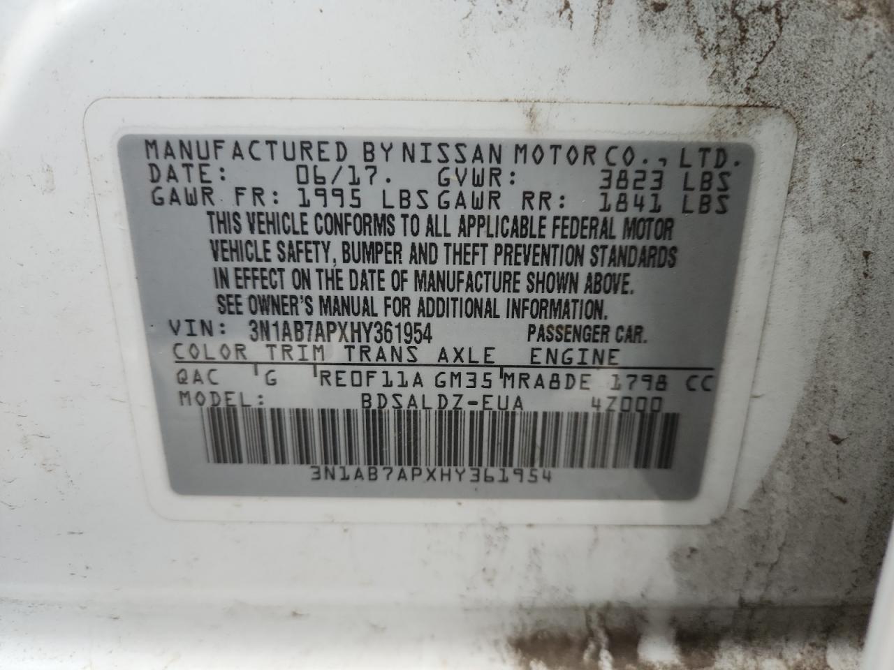 2017 Nissan Sentra S VIN: 3N1AB7APXHY361954 Lot: 86270145