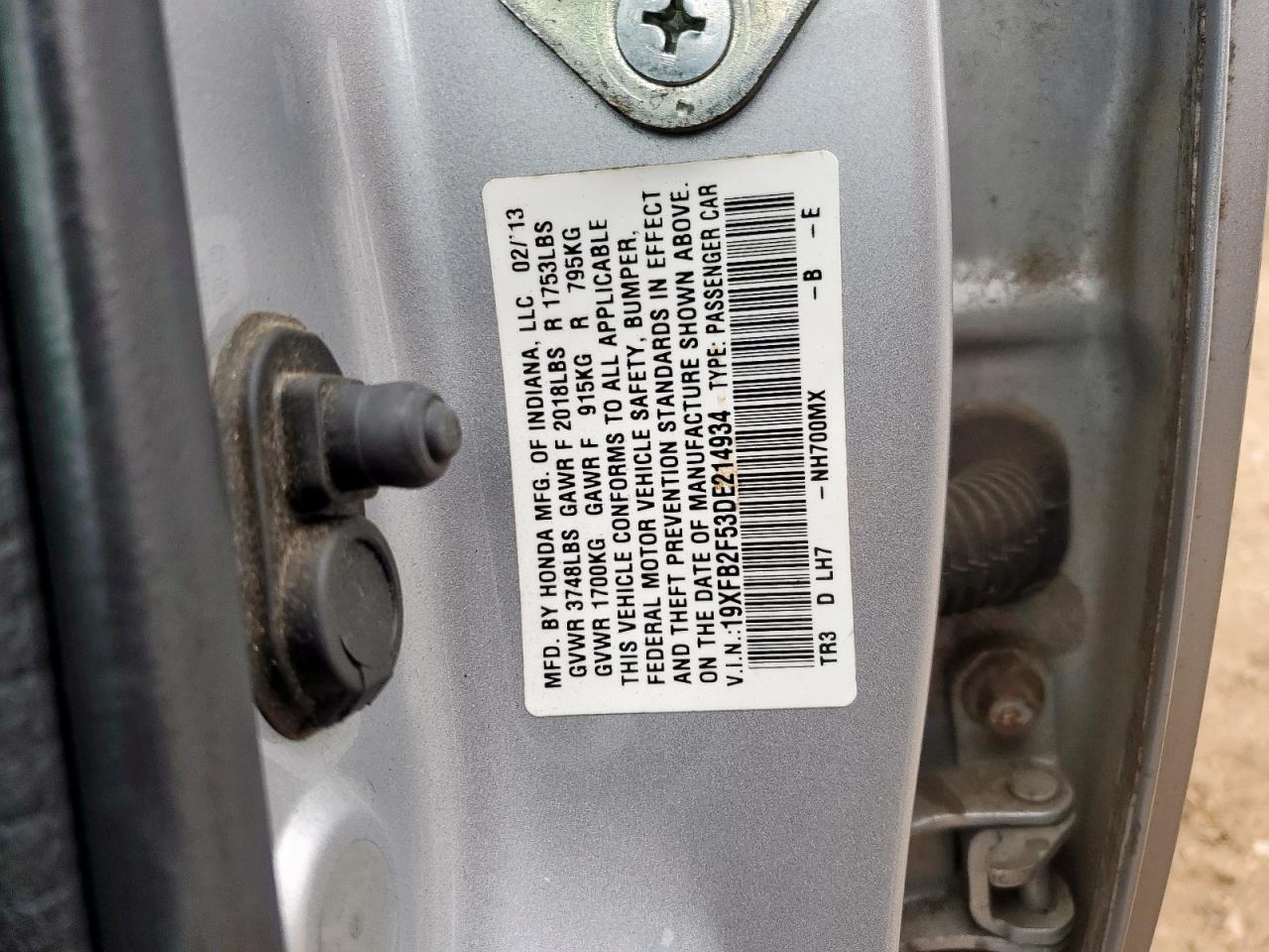 2013 Honda Civic Lx VIN: 19XFB2F53DE214934 Lot: 82361145