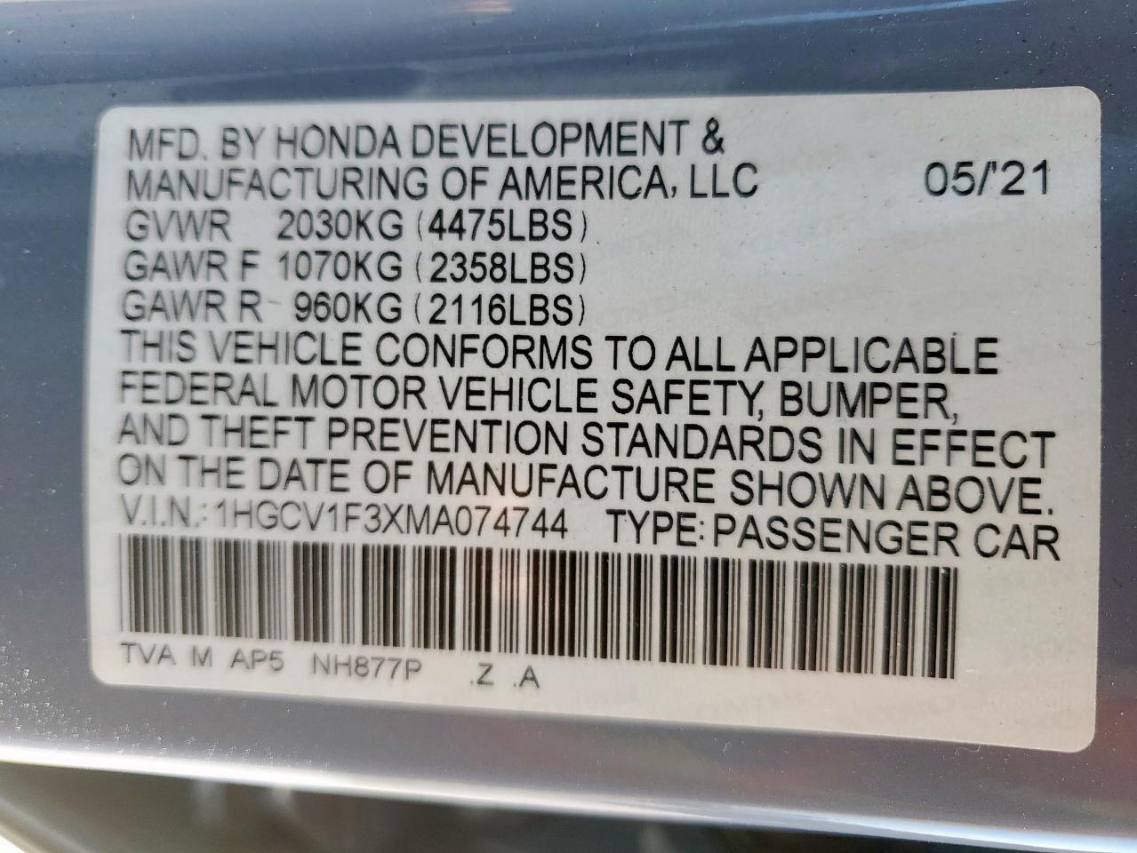 2021 Honda Accord Sport VIN: 1HGCV1F3XMA074744 Lot: 81965575