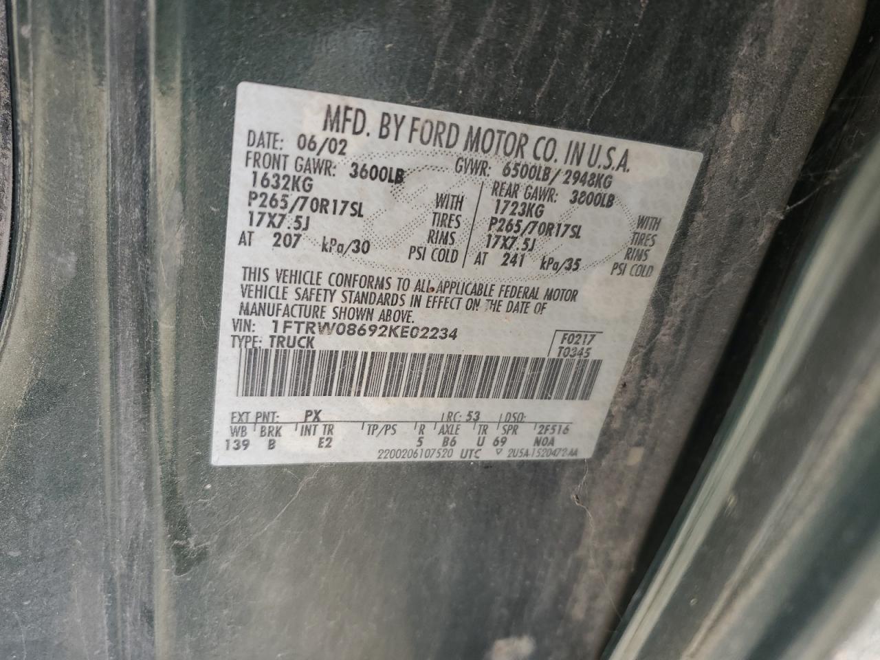 2002 Ford F150 Supercrew VIN: 1FTRW08692KE02234 Lot: 89433695