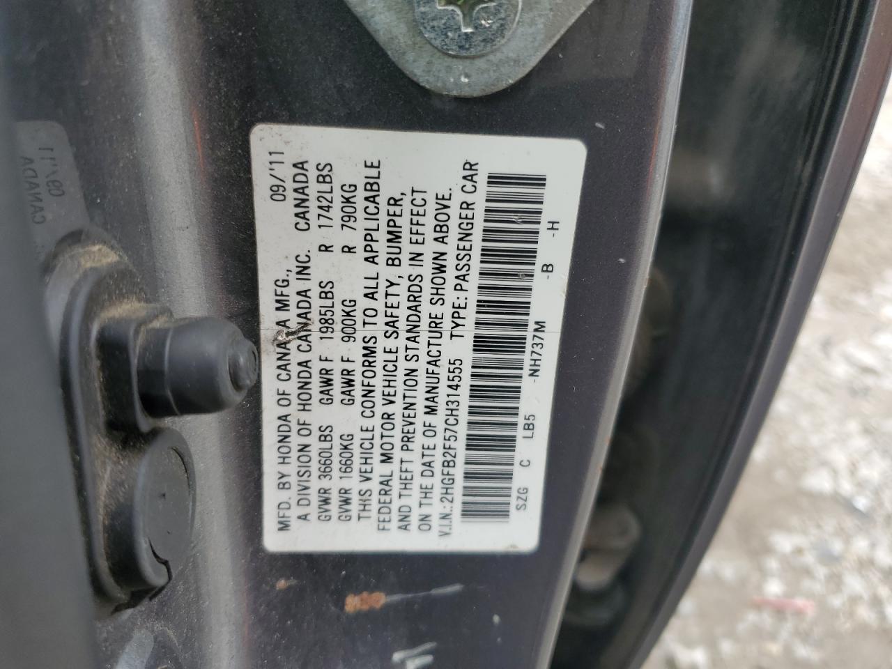 2012 Honda Civic Lx VIN: 2HGFB2F57CH314555 Lot: 86062025