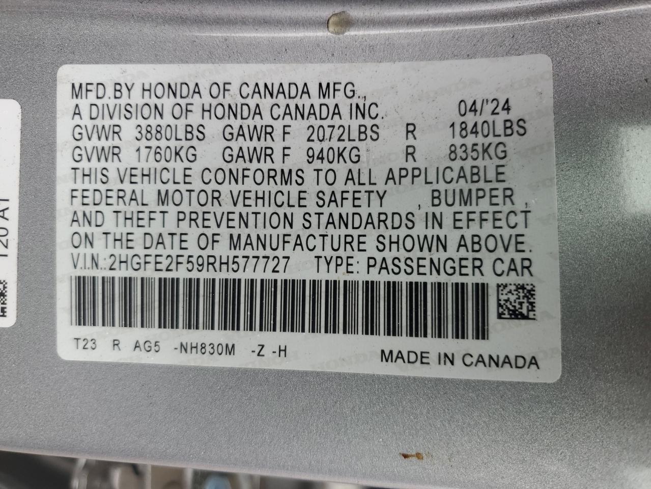 2024 Honda Civic Sport VIN: 2HGFE2F59RH577727 Lot: 86263965