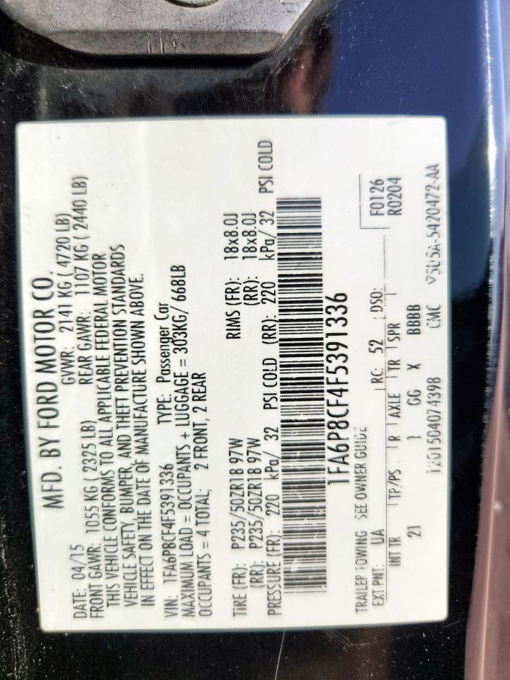 2015 Ford Mustang Gt VIN: 1FA6P8CF4F5391336 Lot: 85885985