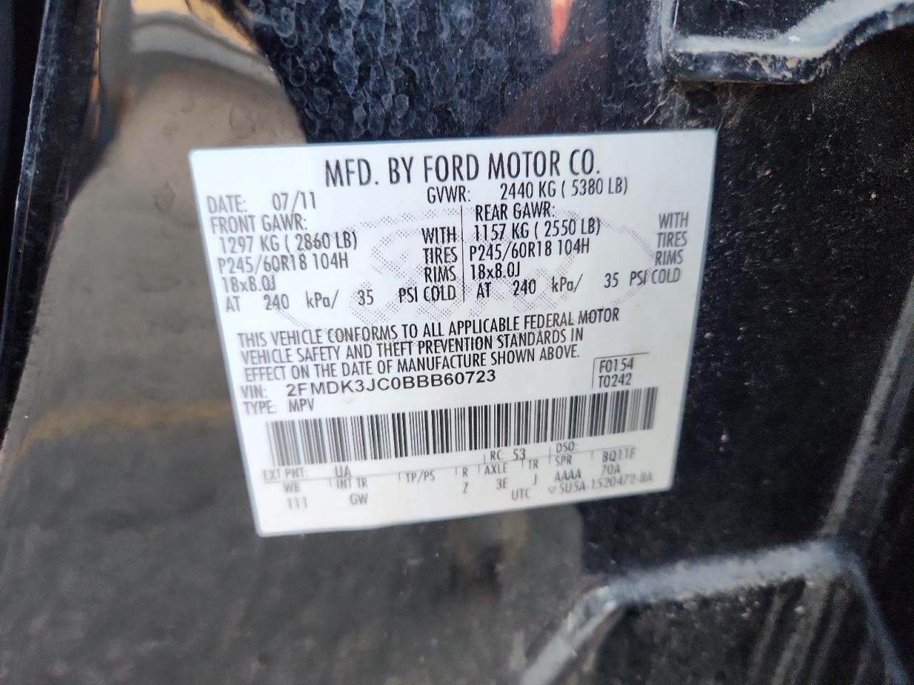 2011 Ford Edge Sel VIN: 2FMDK3JC0BBB60723 Lot: 84277855