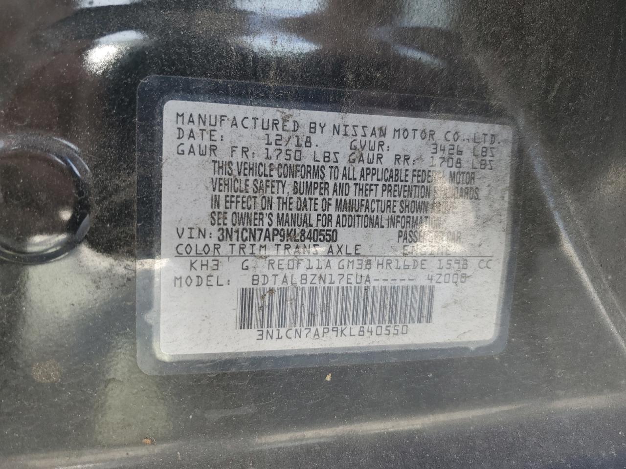 2019 Nissan Versa S VIN: 3N1CN7AP9KL840550 Lot: 84809995