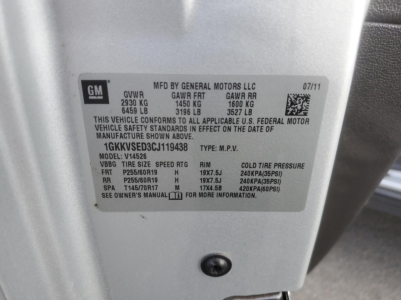 2012 GMC Acadia Slt-2 VIN: 1GKKVSED3CJ119438 Lot: 87402675