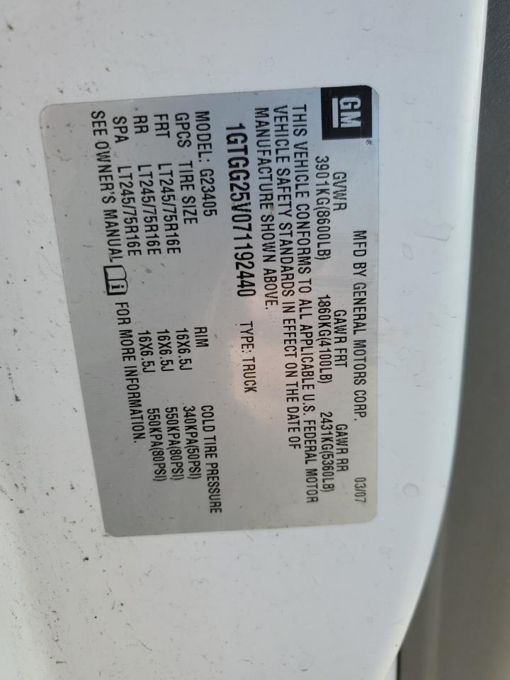 2007 GMC Savana G2500 Delivery Van VIN: 1GTGG25V071192440 Lot: 86710465