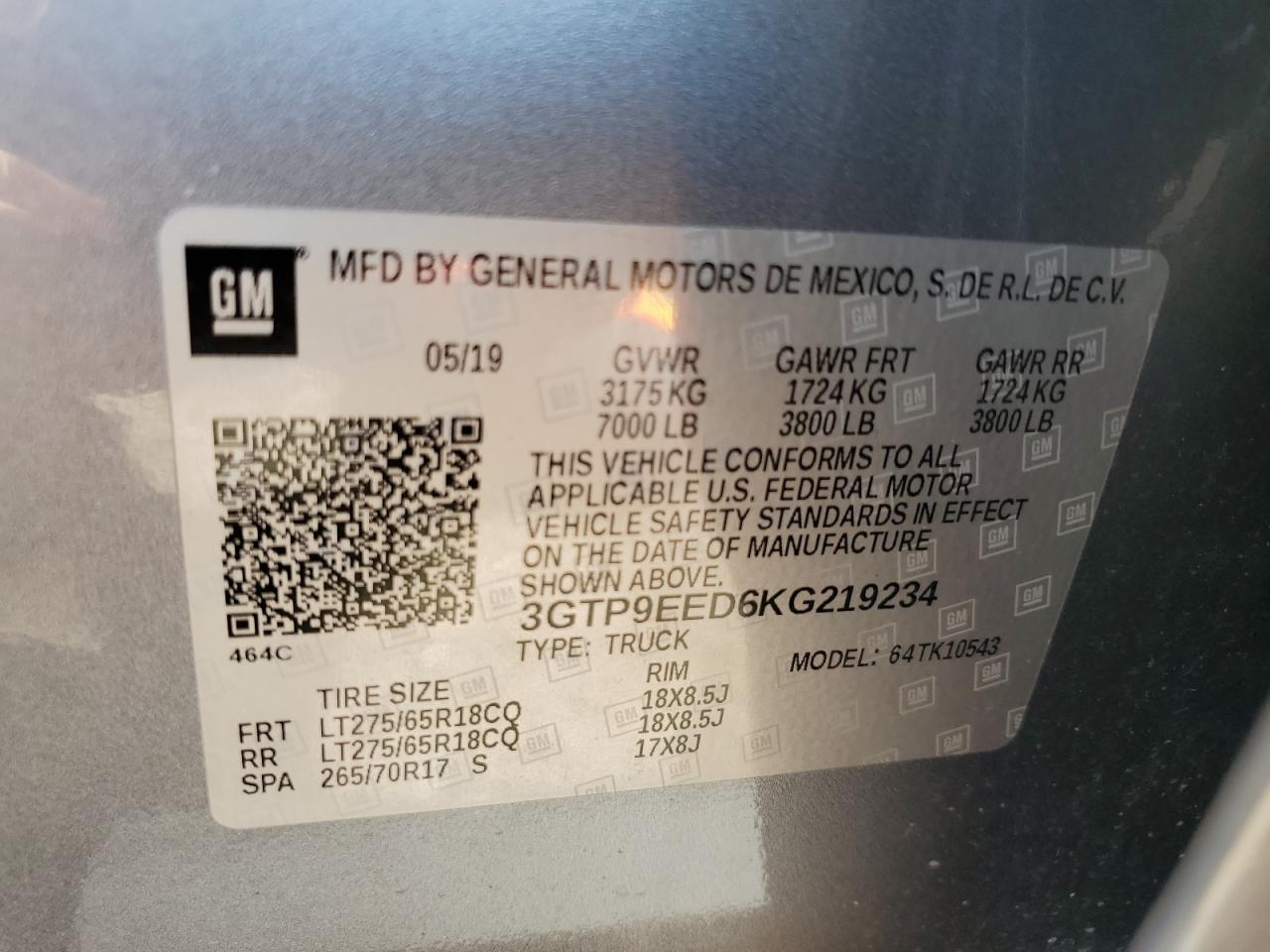 2019 GMC Sierra K1500 At4 VIN: 3GTP9EED6KG219234 Lot: 82784655