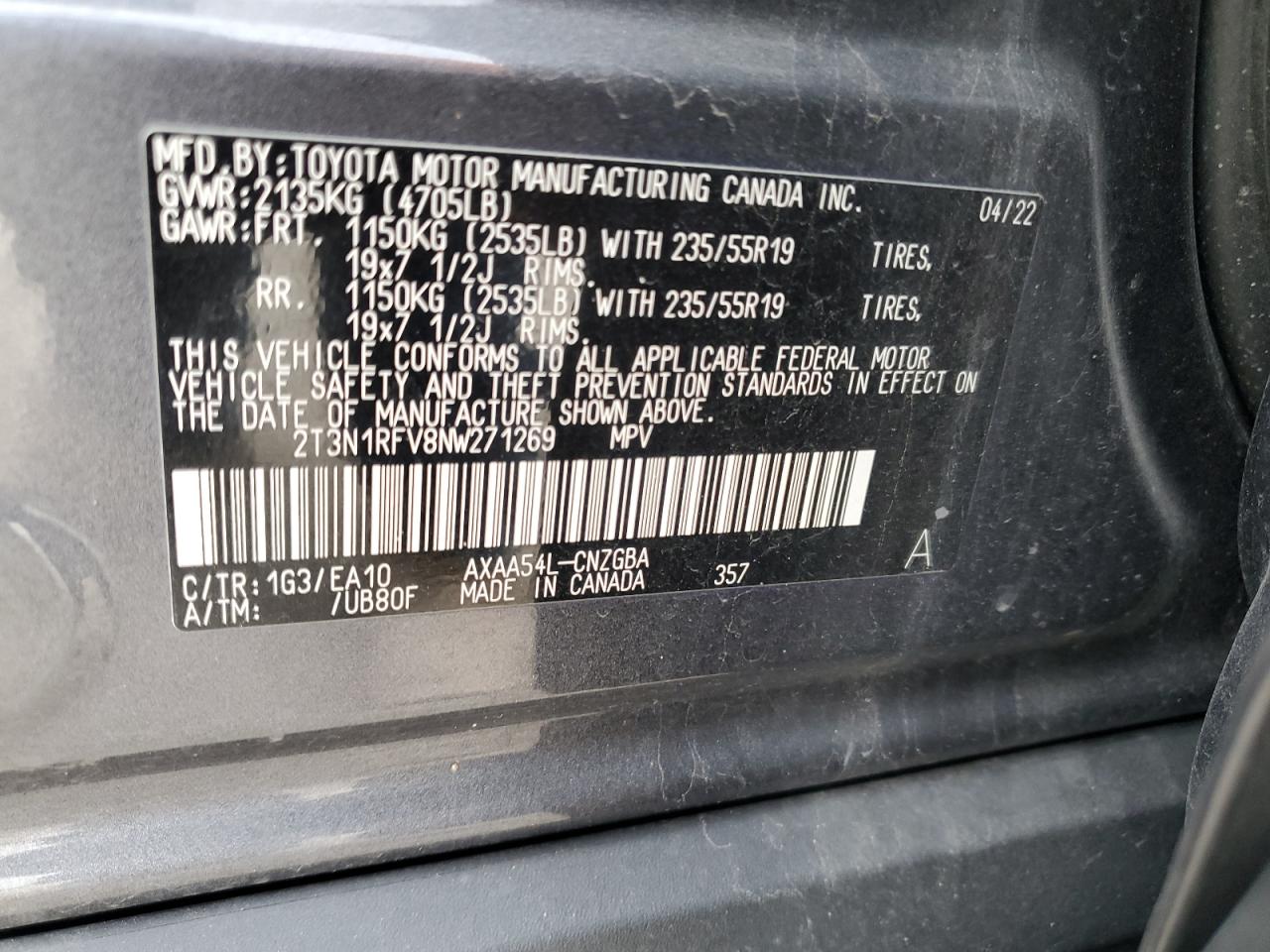 2022 Toyota Rav4 Limited VIN: 2T3N1RFV8NW271269 Lot: 82382095