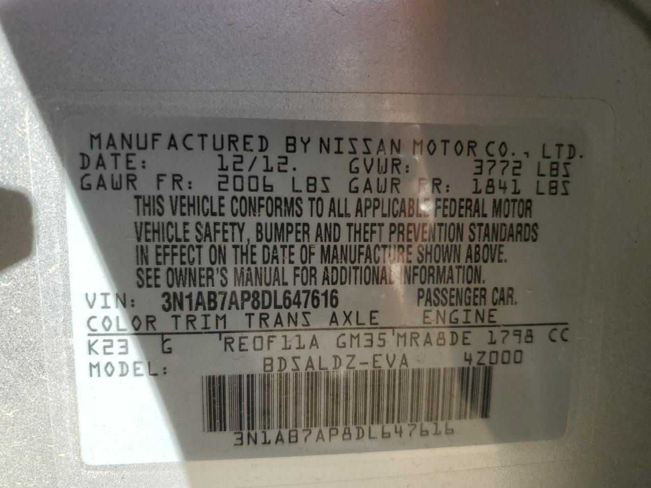 2013 Nissan Sentra S VIN: 3N1AB7AP8DL647616 Lot: 81973815
