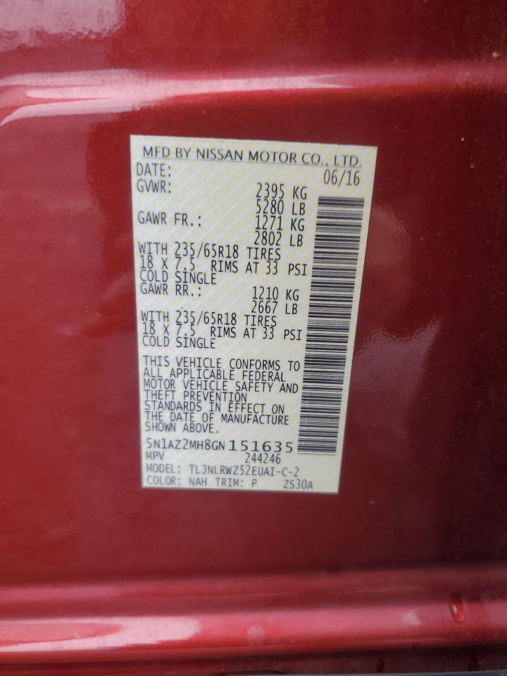 2016 Nissan Murano S VIN: 5N1AZ2MH8GN151635 Lot: 86210425