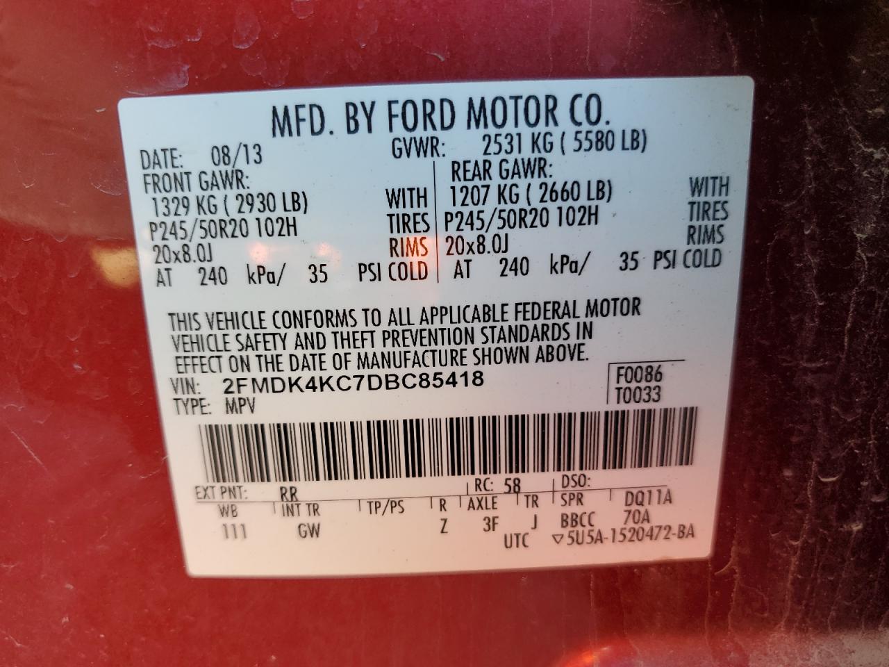 2013 Ford Edge Limited VIN: 2FMDK4KC7DBC85418 Lot: 83870235