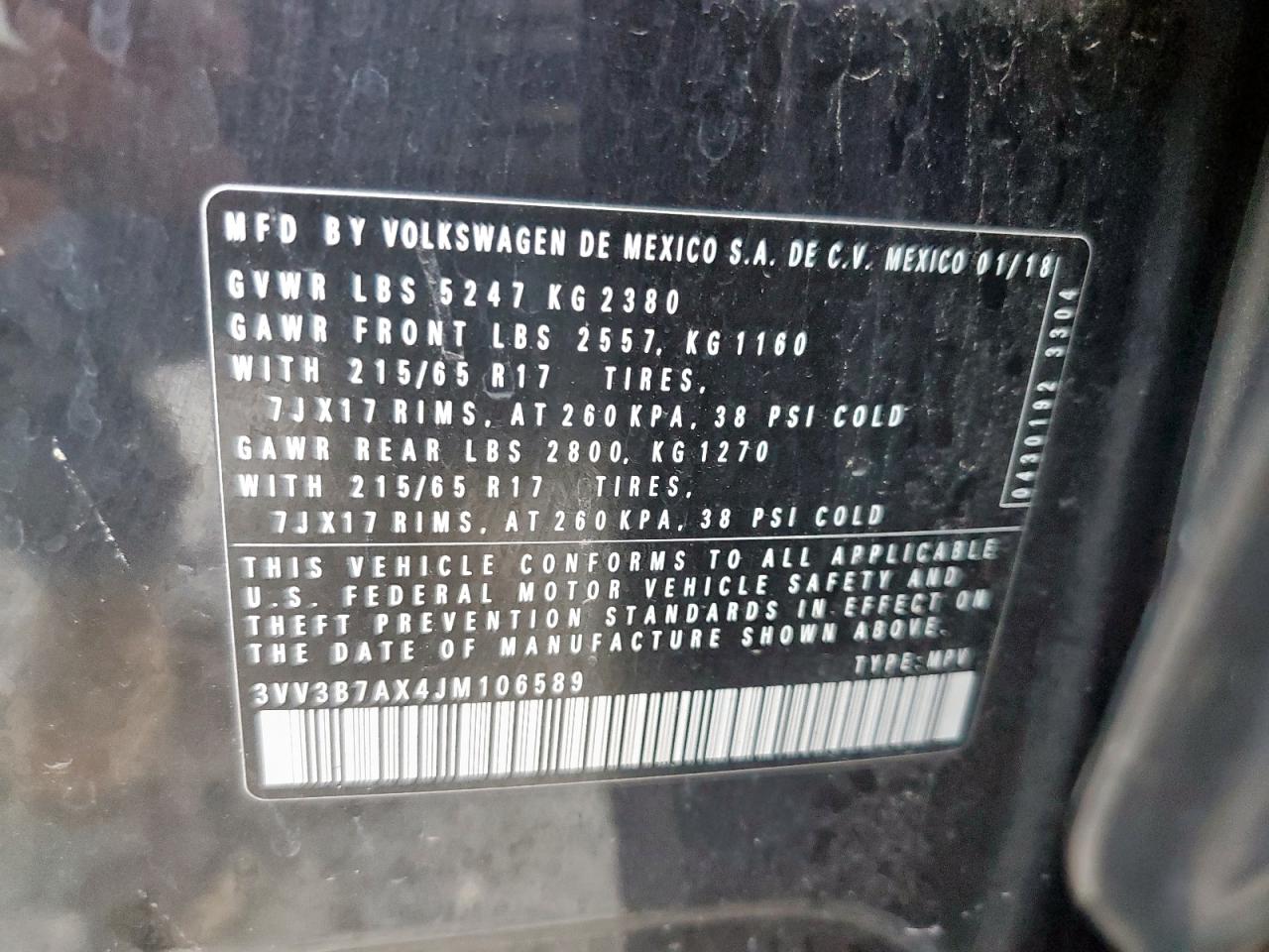 2018 Volkswagen Tiguan Se VIN: 3VV3B7AX4JM106589 Lot: 85944385