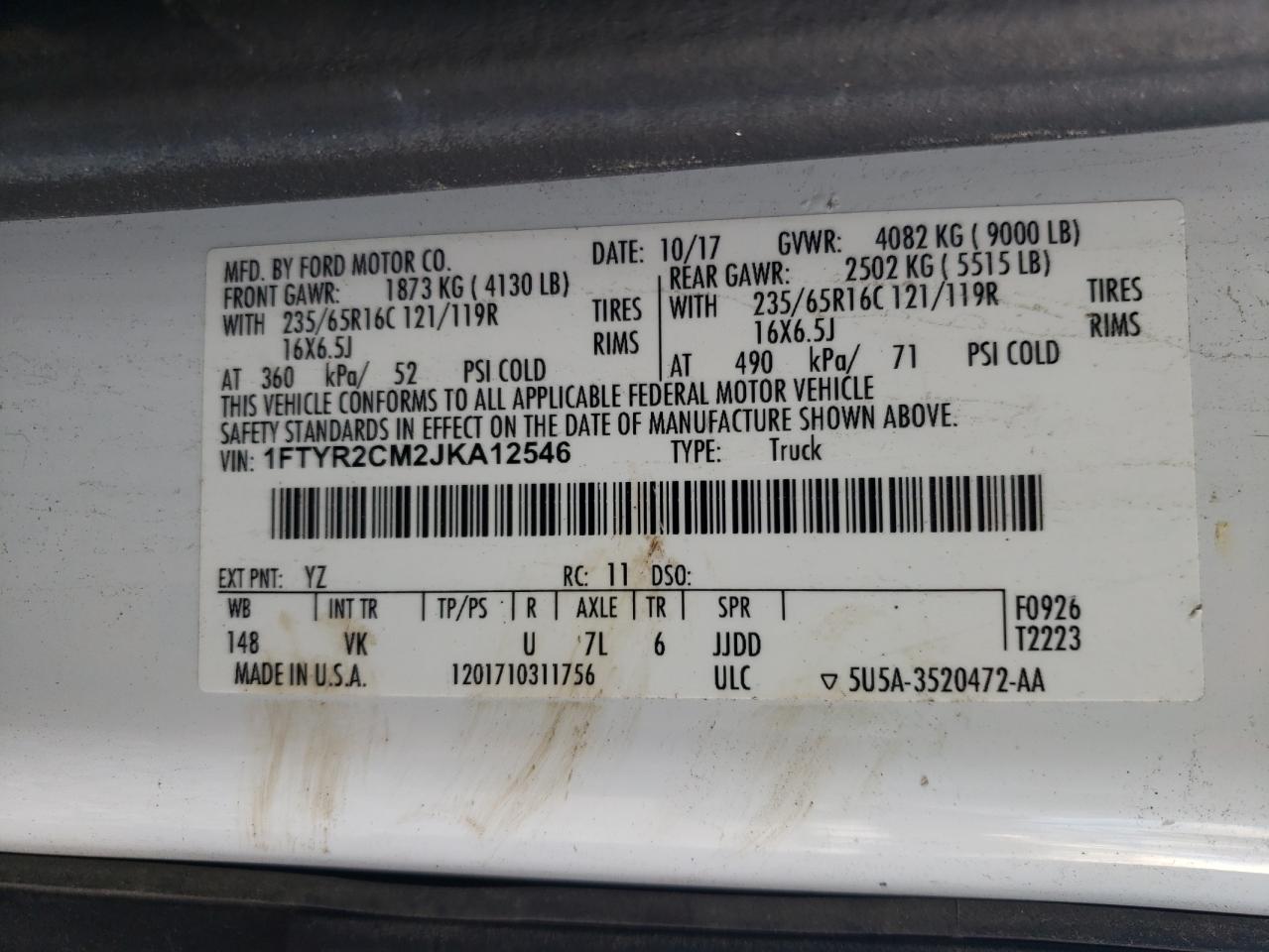 2018 Ford Transit Delivery Van VIN: 1FTYR2CM2JKA12546 Lot: 89875265