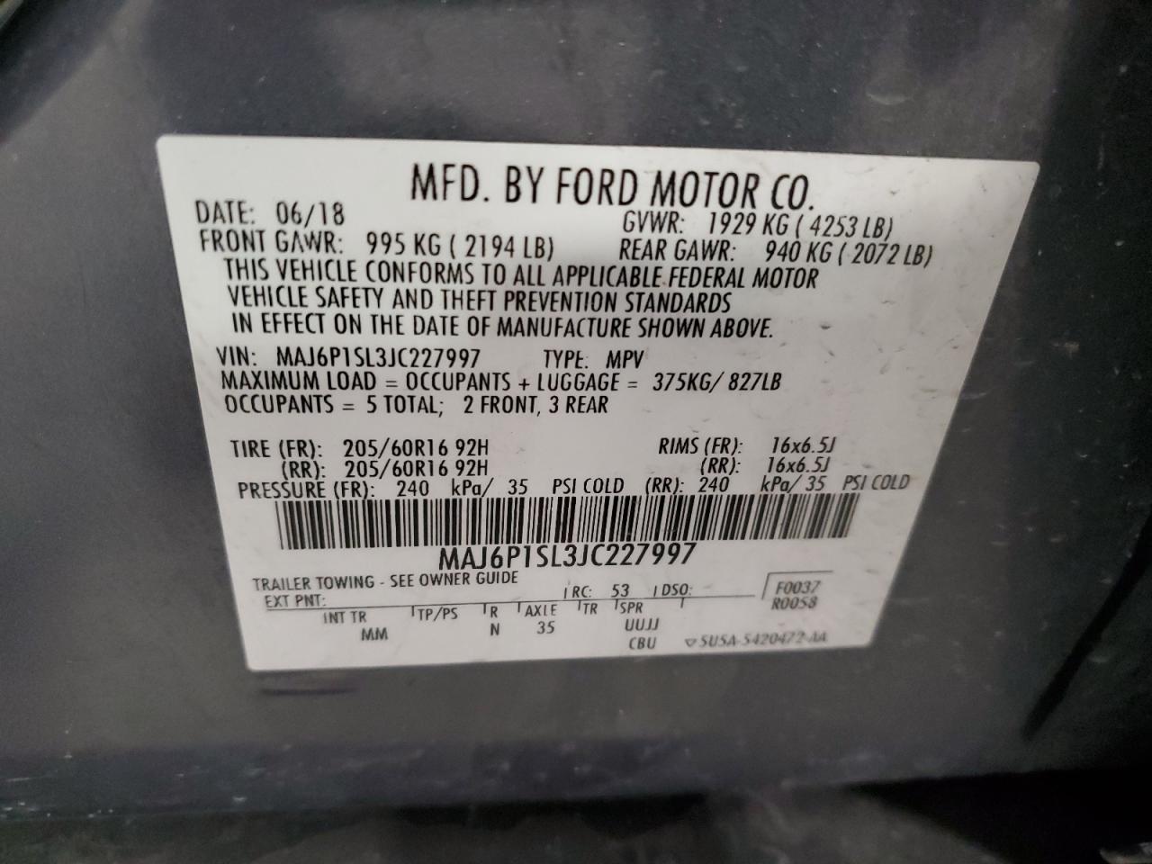 2018 Ford Ecosport S VIN: MAJ6P1SL3JC227997 Lot: 84922495