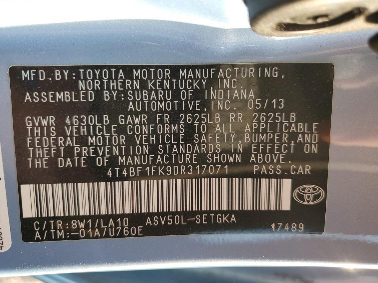 2013 Toyota Camry L VIN: 4T4BF1FK9DR317071 Lot: 85090995