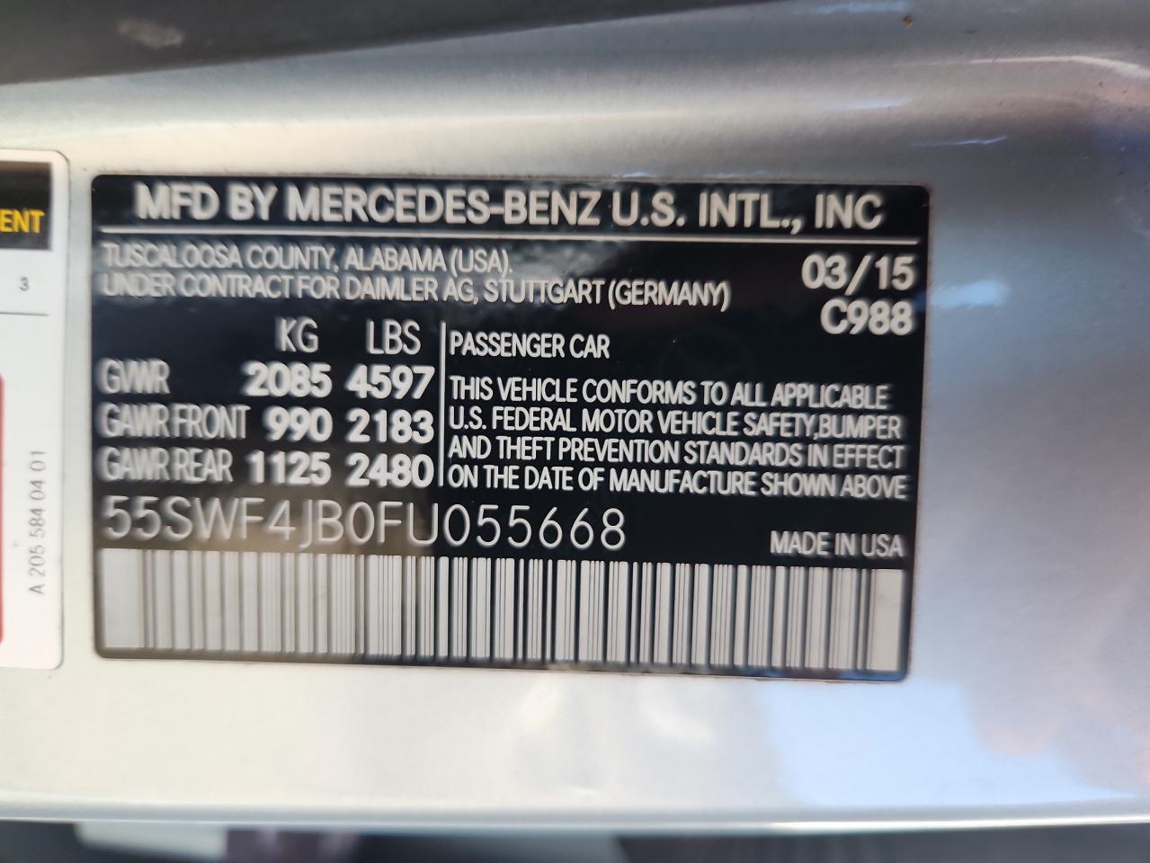 2015 Mercedes-Benz C 300 VIN: 55SWF4JB0FU055668 Lot: 90383855