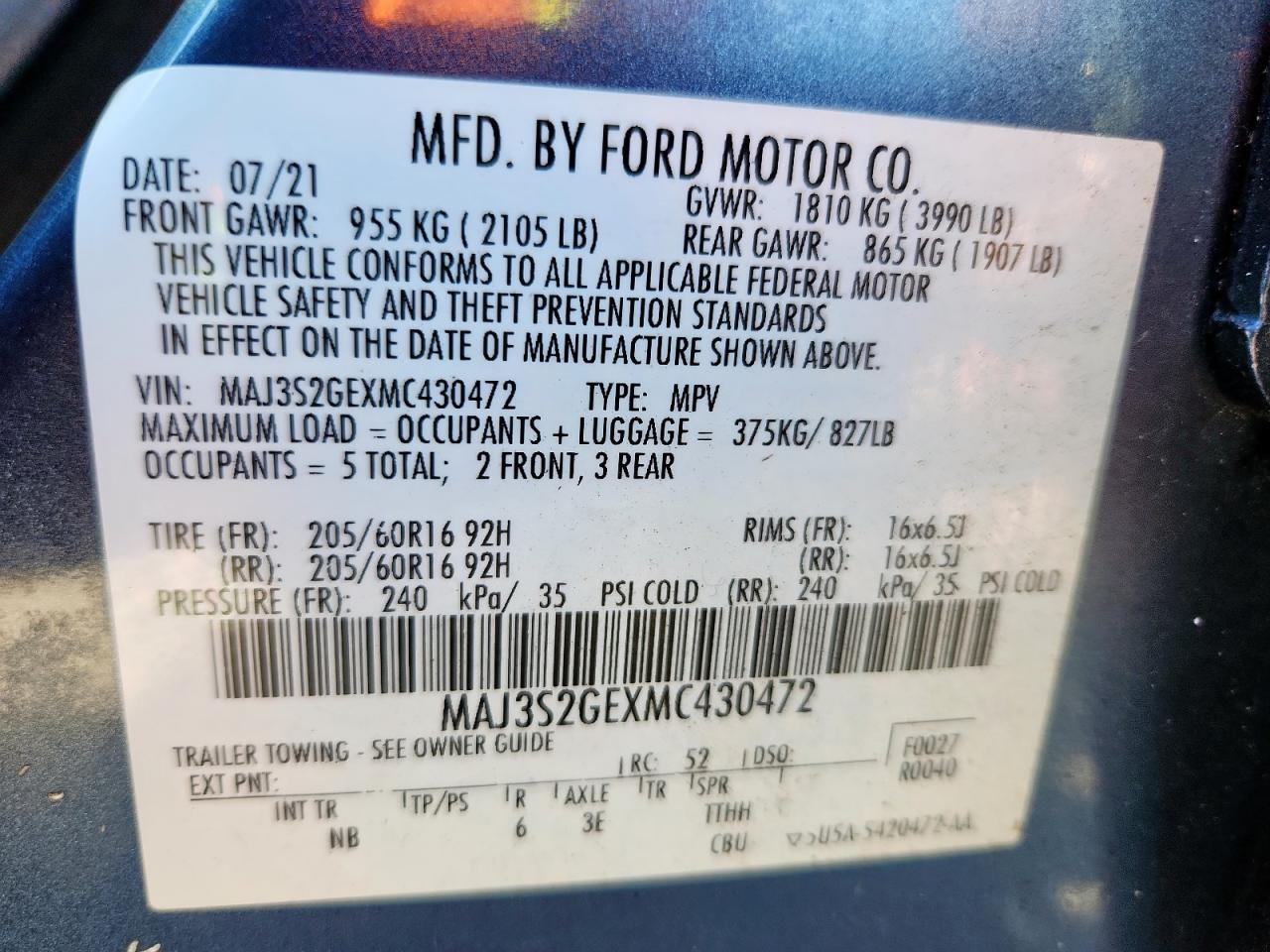 2021 Ford Ecosport Se VIN: MAJ3S2GEXMC430472 Lot: 86227615