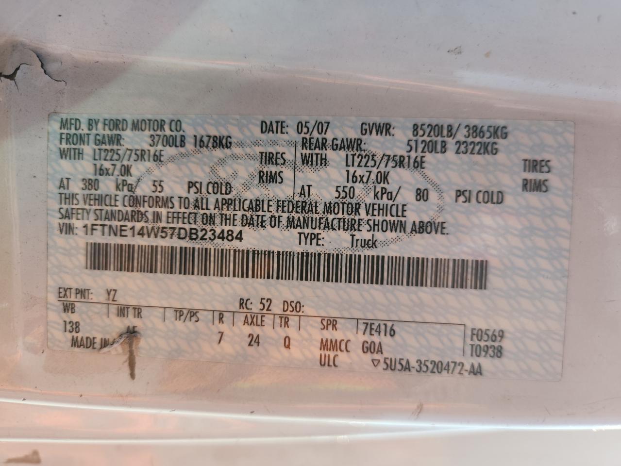 2007 Ford Econoline E150 Van VIN: 1FTNE14W57DB23484 Lot: 82728985