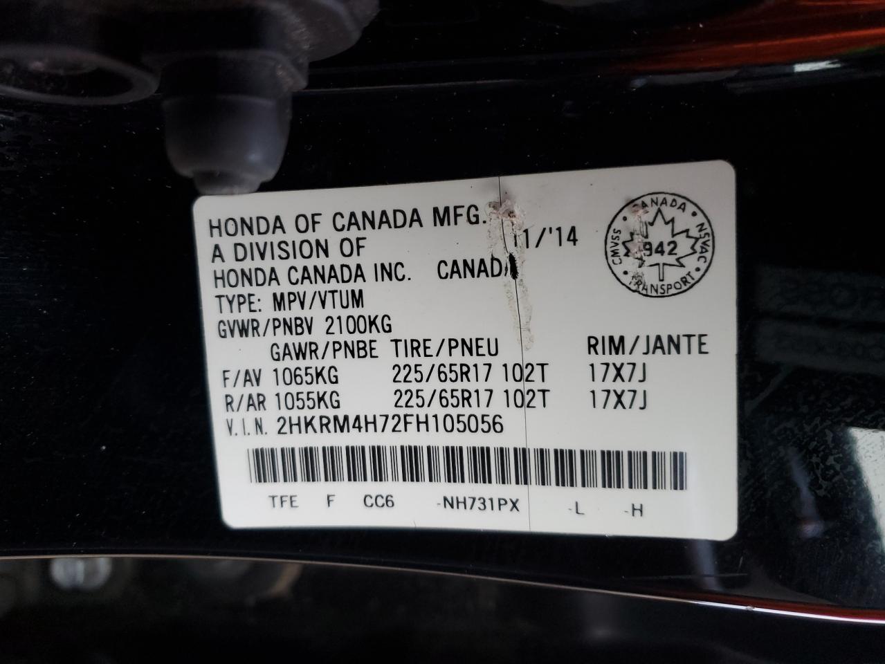 2015 Honda Cr-V Exl VIN: 2HKRM4H72FH105056 Lot: 86171705