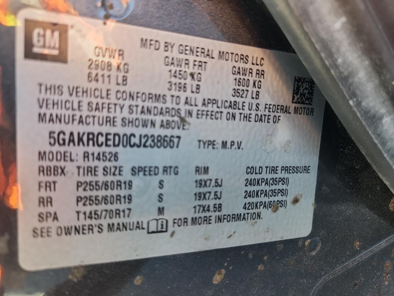 2012 Buick Enclave VIN: 5GAKRCED0CJ238667 Lot: 89528055