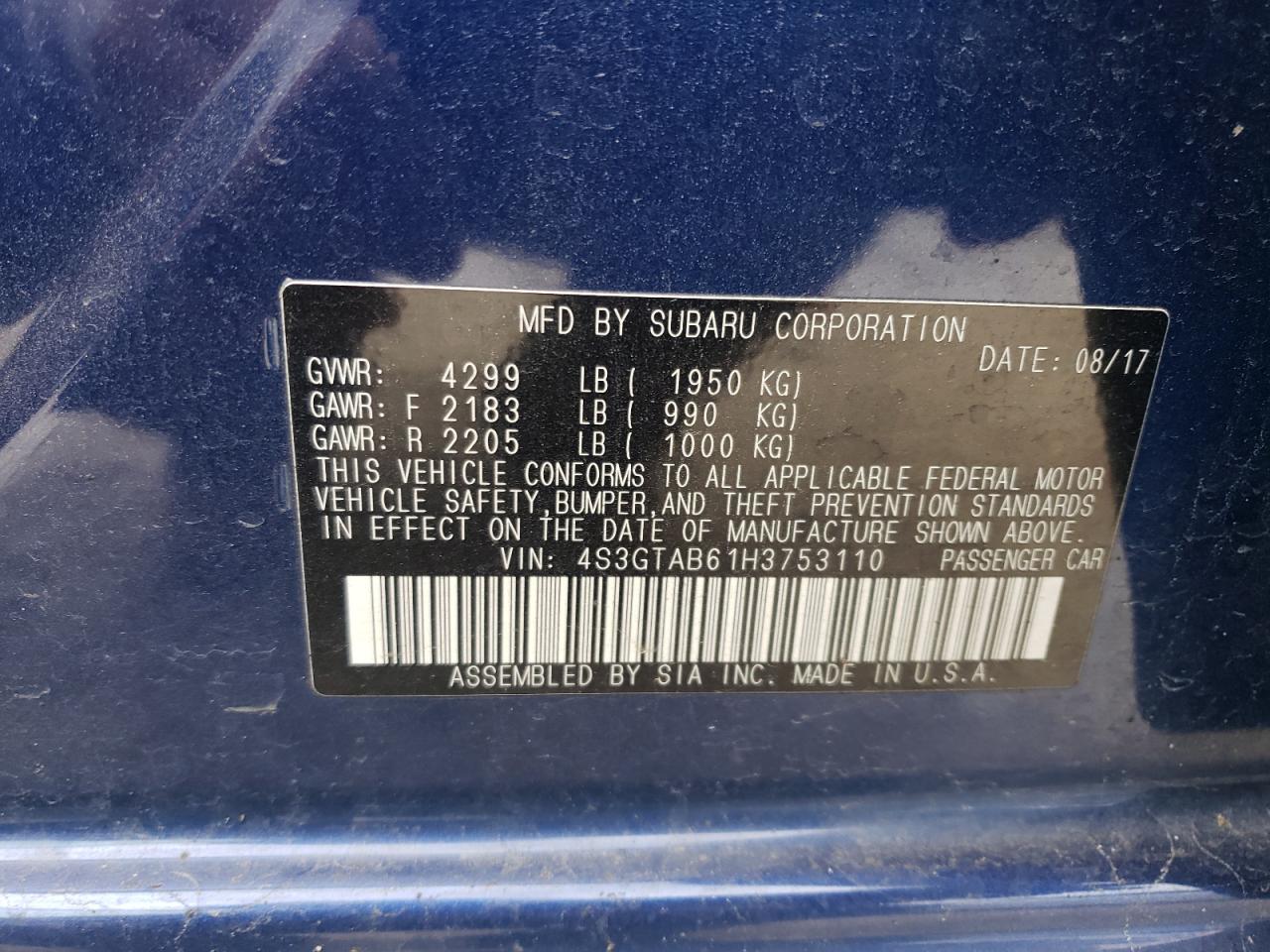 2017 Subaru Impreza Premium VIN: 4S3GTAB61H3753110 Lot: 85914785