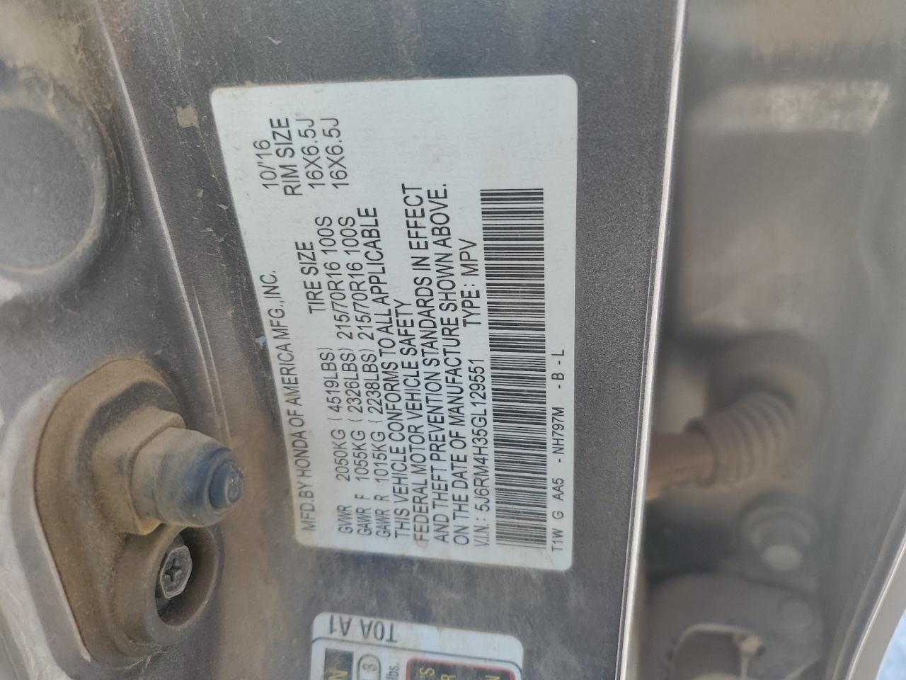 2016 Honda Cr-V Lx VIN: 5J6RM4H35GL129551 Lot: 89649835