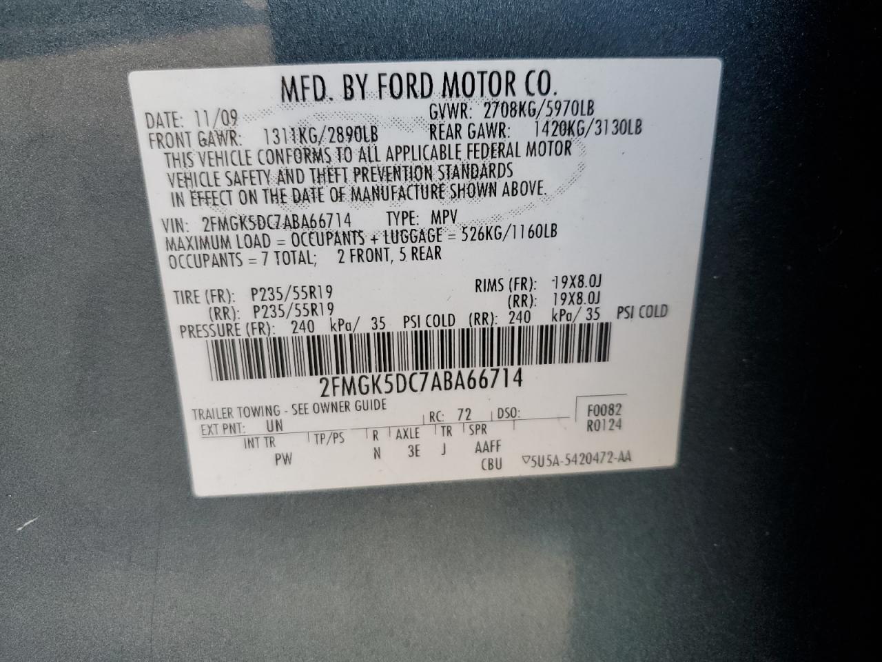 2010 Ford Flex Limited VIN: 2FMGK5DC7ABA66714 Lot: 84630925