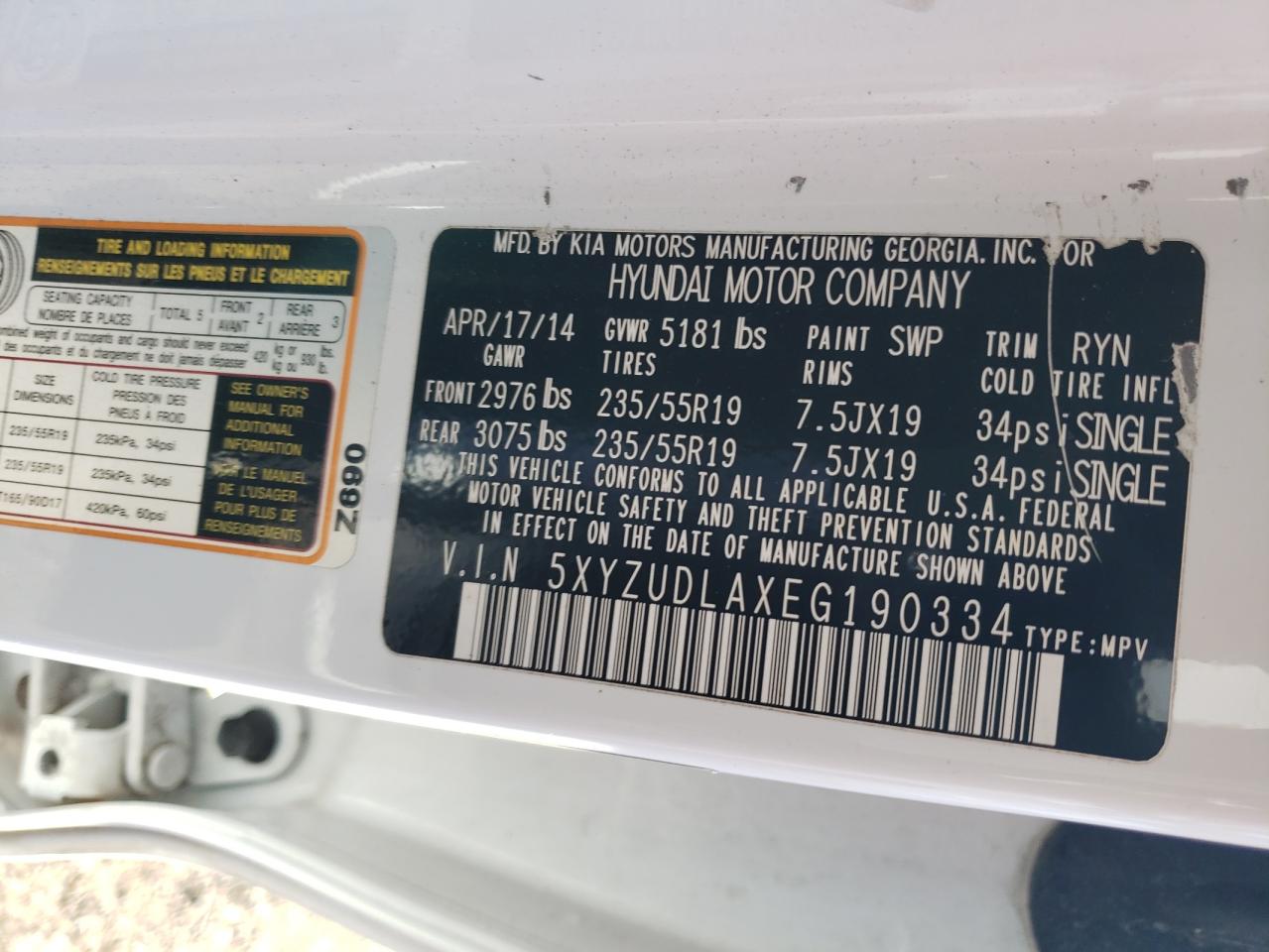 2014 Hyundai Santa Fe Sport VIN: 5XYZUDLAXEG190334 Lot: 85566705