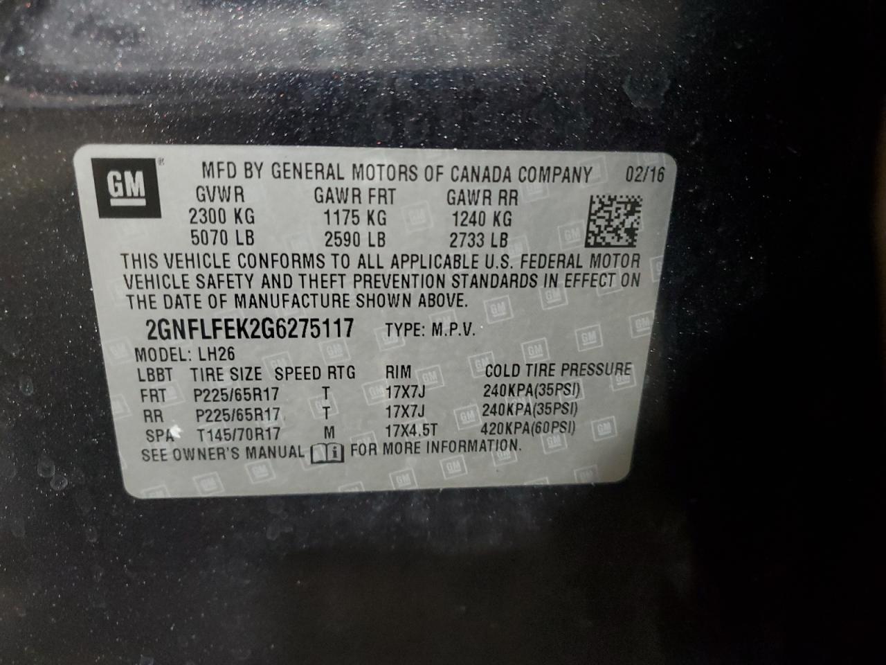 2016 Chevrolet Equinox Lt VIN: 2GNFLFEK2G6275117 Lot: 84922325