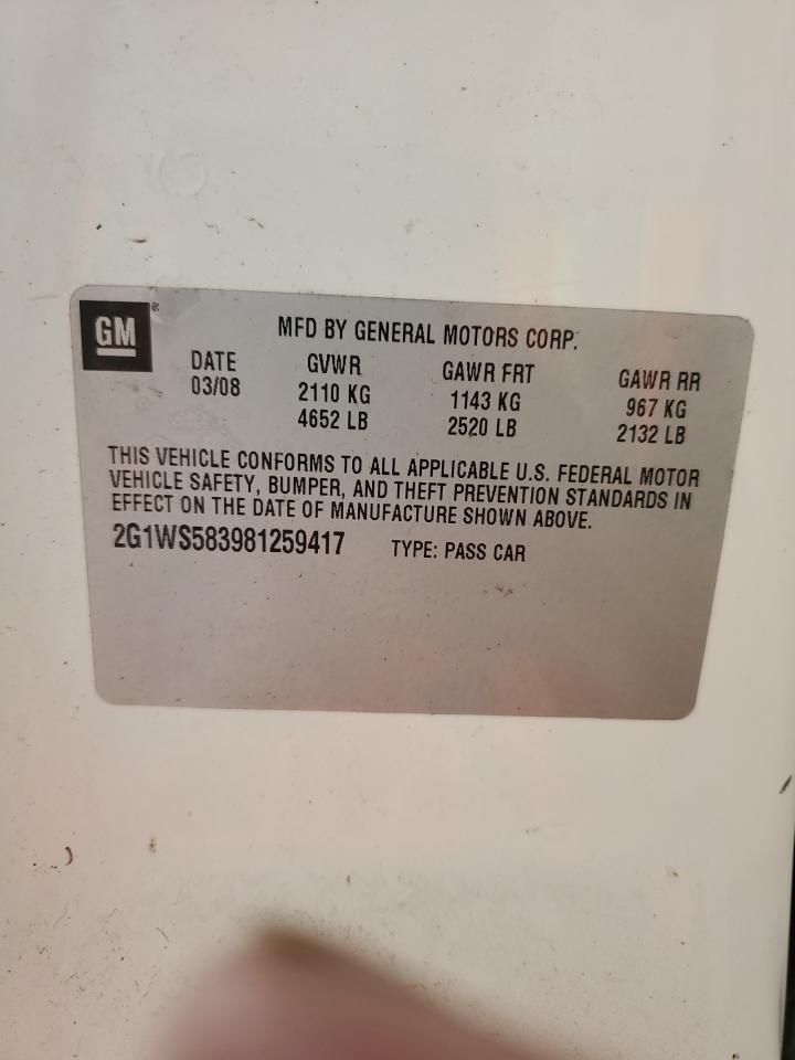 2008 Chevrolet Impala Police VIN: 2G1WS583981259417 Lot: 85553565