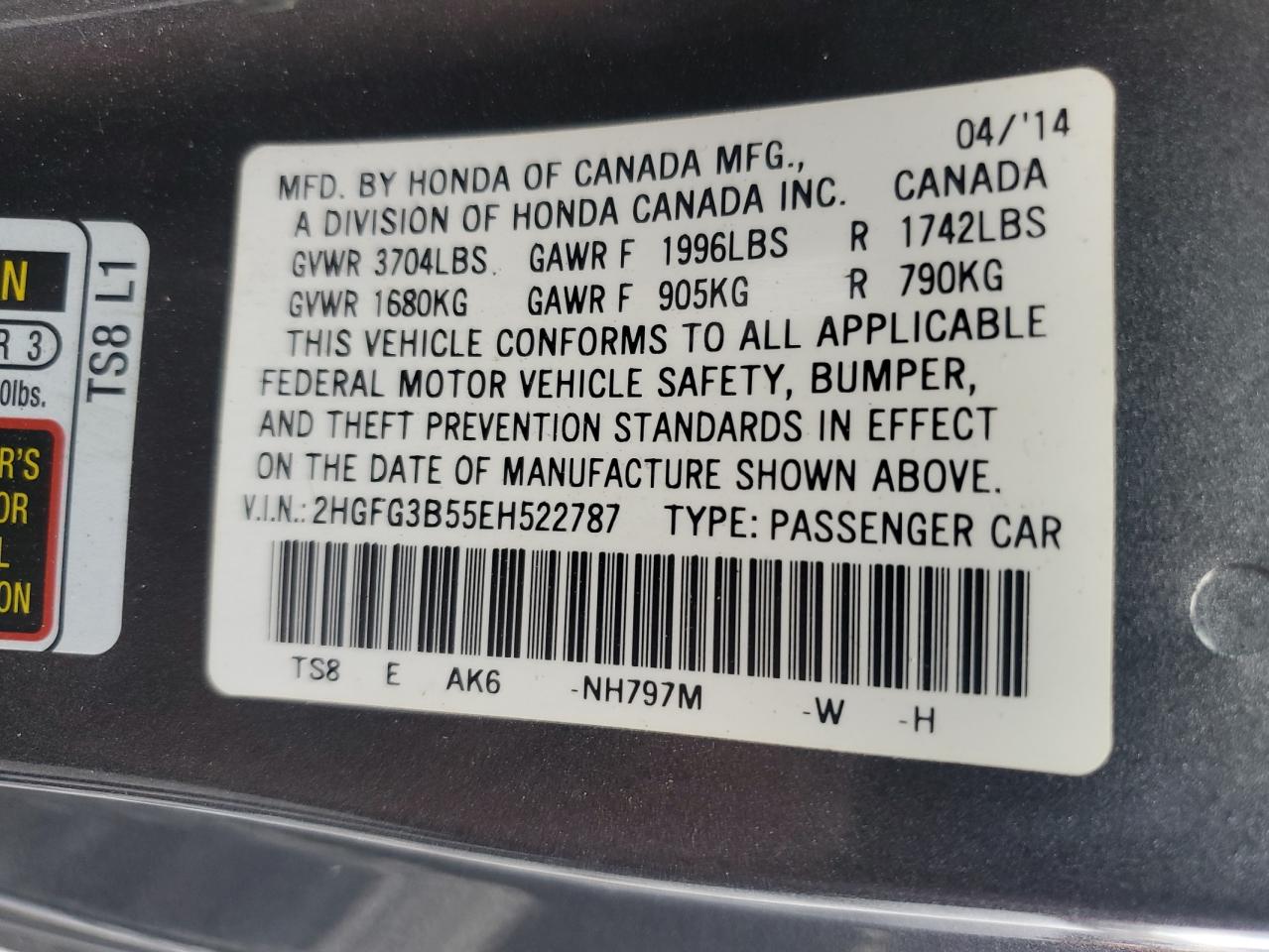 2014 Honda Civic Lx VIN: 2HGFG3B55EH522787 Lot: 82251975