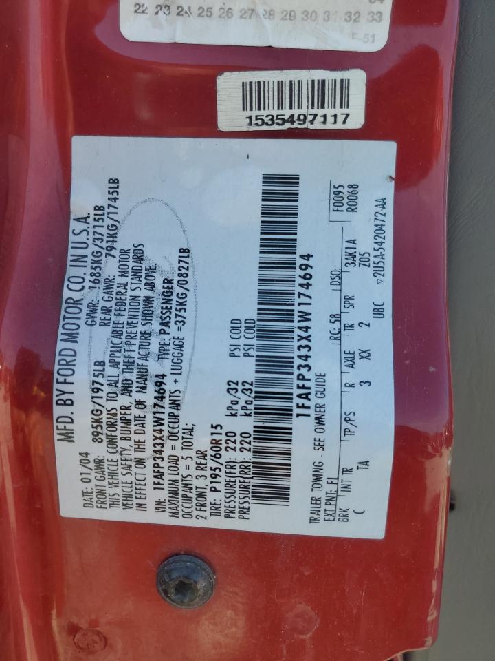 2004 Ford Focus Se Comfort VIN: 1FAFP343X4W174694 Lot: 85148745