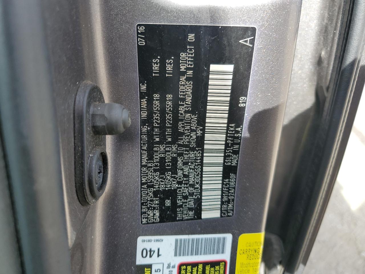 2016 Toyota Sienna Le VIN: 5TDJK3DC5GS144851 Lot: 85482275