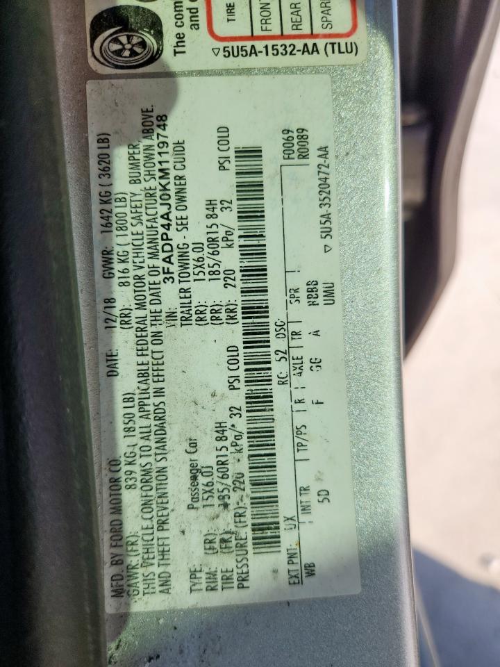 2019 Ford Fiesta S VIN: 3FADP4AJ0KM119748 Lot: 85199465