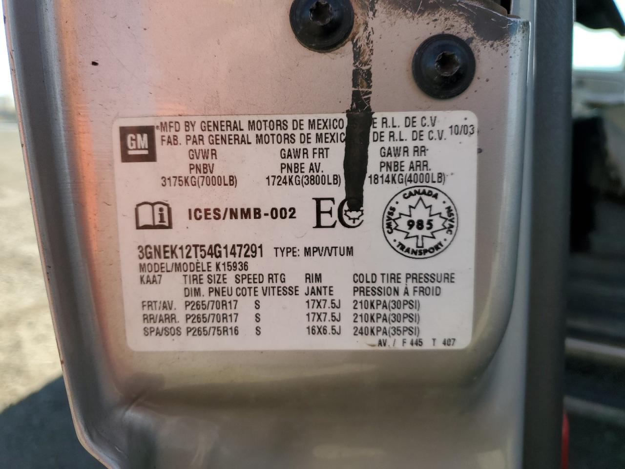 2004 Chevrolet Avalanche K1500 VIN: 3GNEK12T54G147291 Lot: 85586575