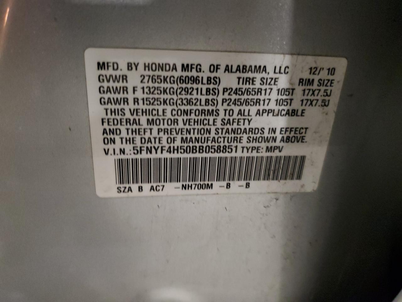 2011 Honda Pilot Exl VIN: 5FNYF4H50BB058851 Lot: 82531785