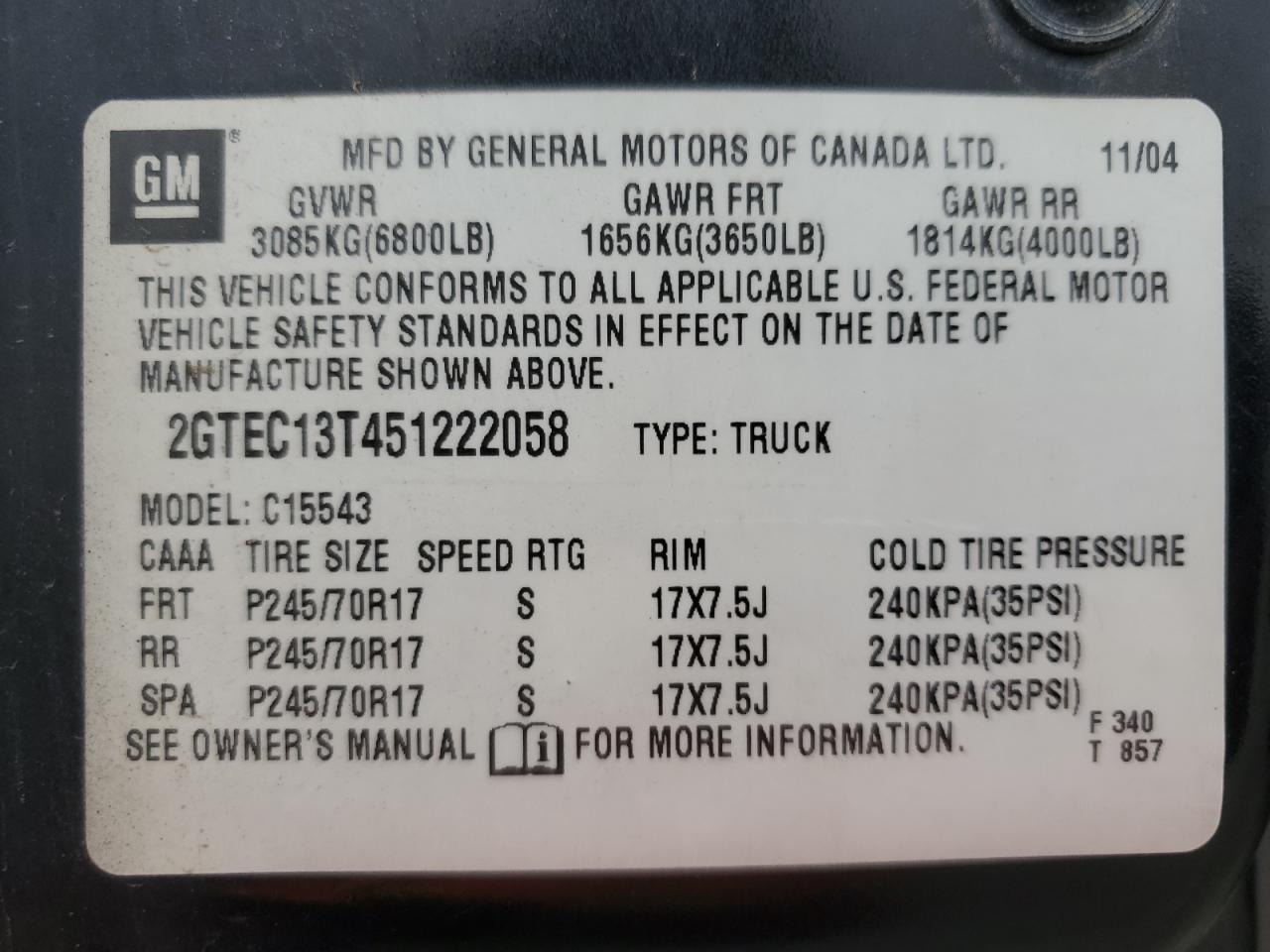 2005 GMC New Sierra C1500 VIN: 2GTEC13T451222058 Lot: 82457425