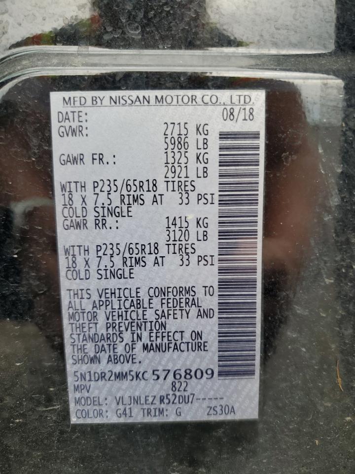 2019 Nissan Pathfinder S VIN: 5N1DR2MM5KC576809 Lot: 85171175