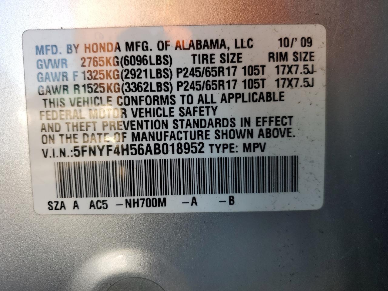 2010 Honda Pilot Exl VIN: 5FNYF4H56AB018952 Lot: 86184635